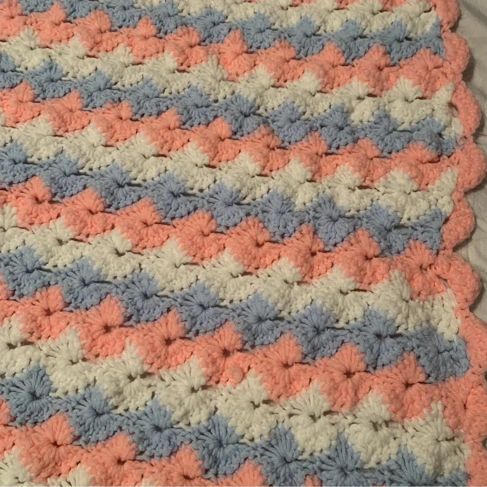 Handmade Crochet  Blanket Throw Pink Blue Baby Colors 50x48 ‎ Afghan